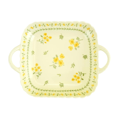 Đĩa vuông 2 tay cầm hoa nhí vàng 25cm chính hãng